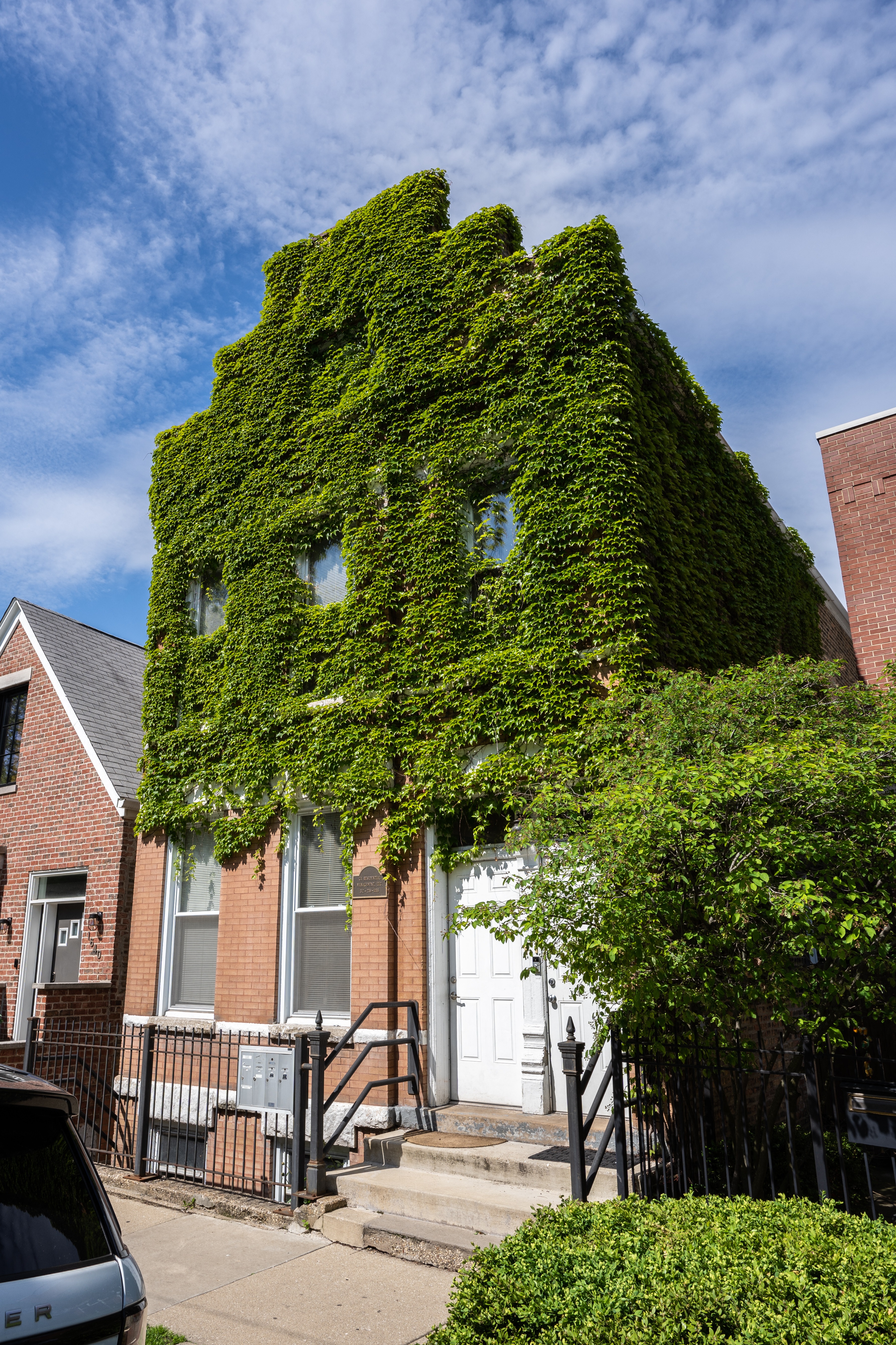 a house covered in ivy in front of a blue sky
